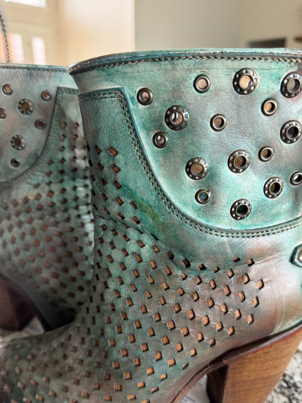 Corral Teal-Green Distressed Perforated Leather Bootie - Picture 2 of 7